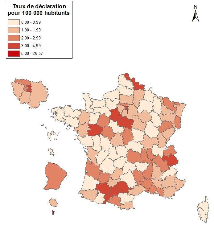 Carte - Taux de déclaration (pour 100 000 habitants) d’hépatite aiguë A par département, France entière, 2019